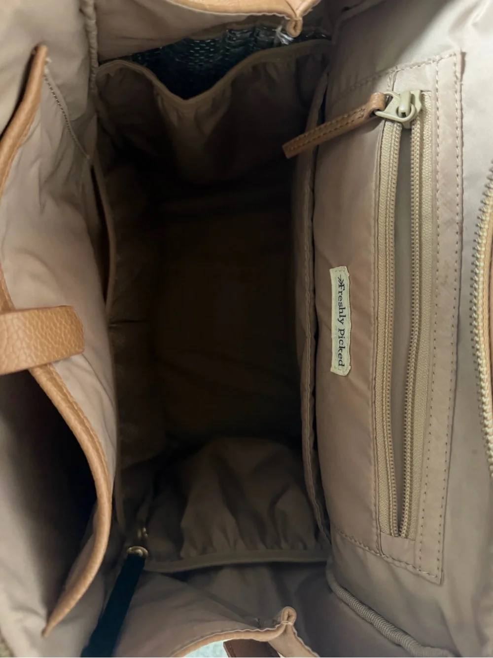 Freshly Picked Tan Leatherette Backpack Diaper Bag with Gold Hardware